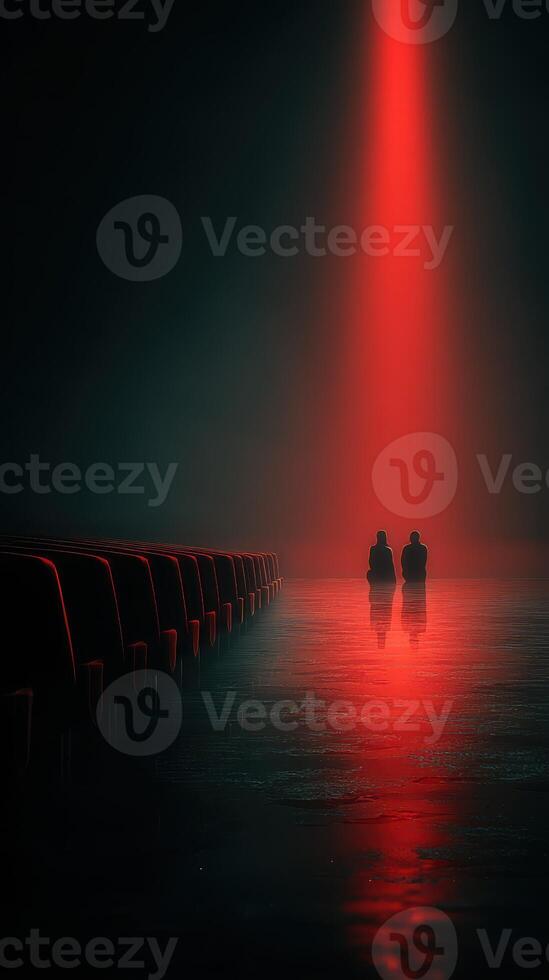 Two figures seated in darkness illuminated by a red beam in a surreal, atmospheric setting photo