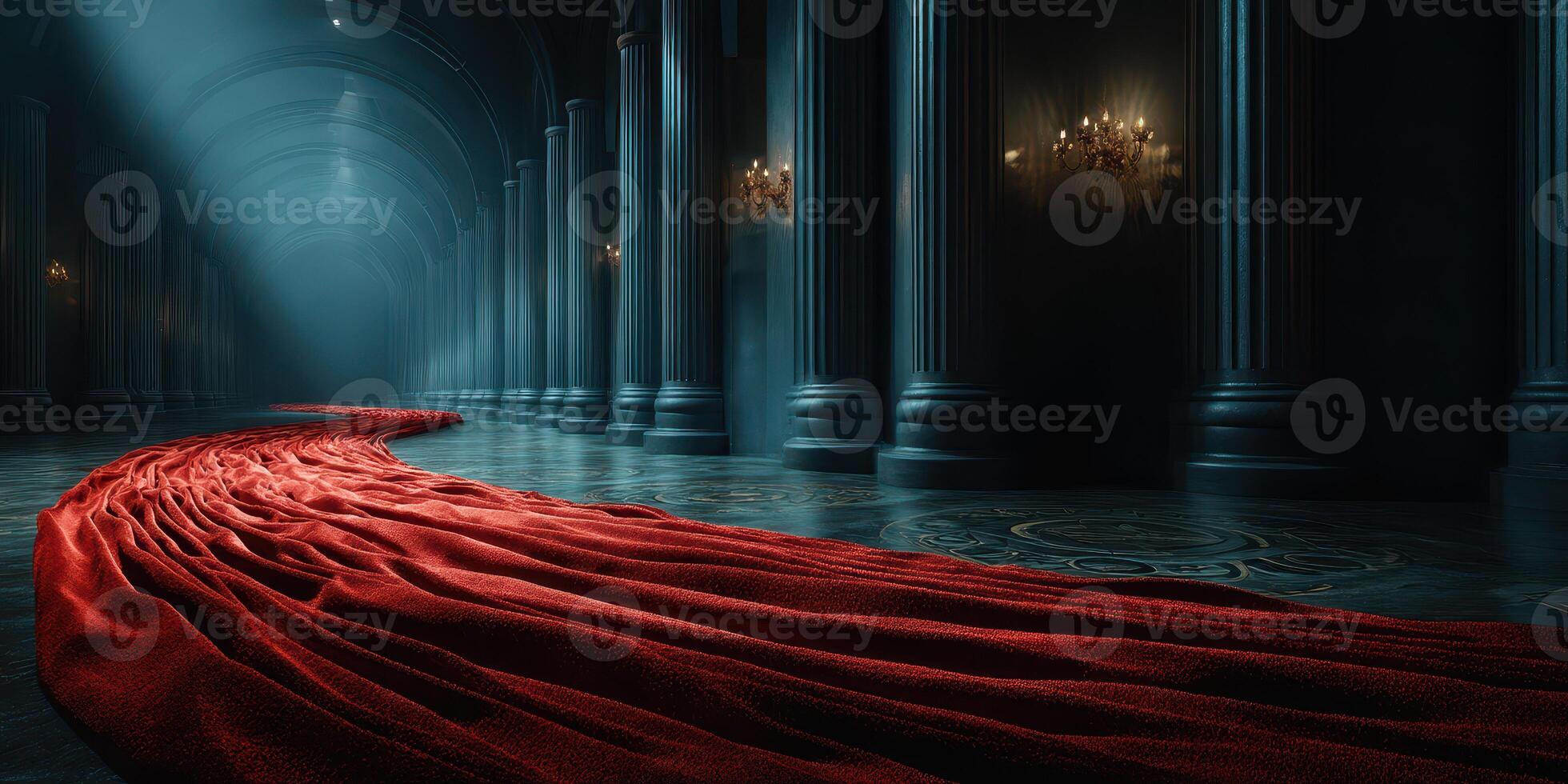 Dramatic hallway with a flowing red fabric, illuminated by soft light in an elegant setting photo