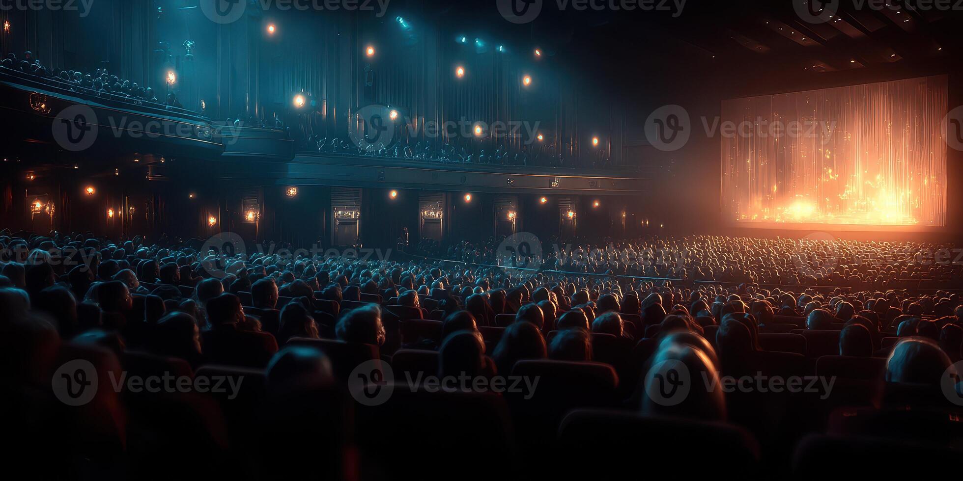 Crowded theater hosting a live performance with stunning lighting and vibrant atmosphere during the evening hours photo