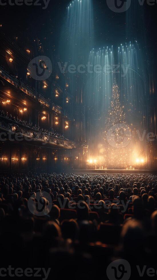 Audience gathers in ornate theater for enchanting holiday performance with stunning light display and decorated Christmas tree photo