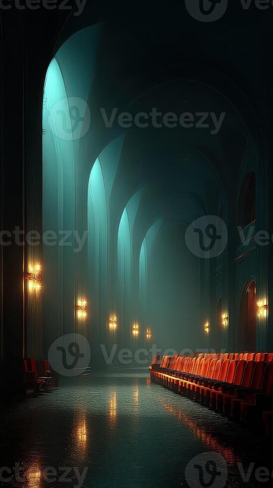 Mysterious ambiance in an empty theater with illuminated walls during twilight hours photo