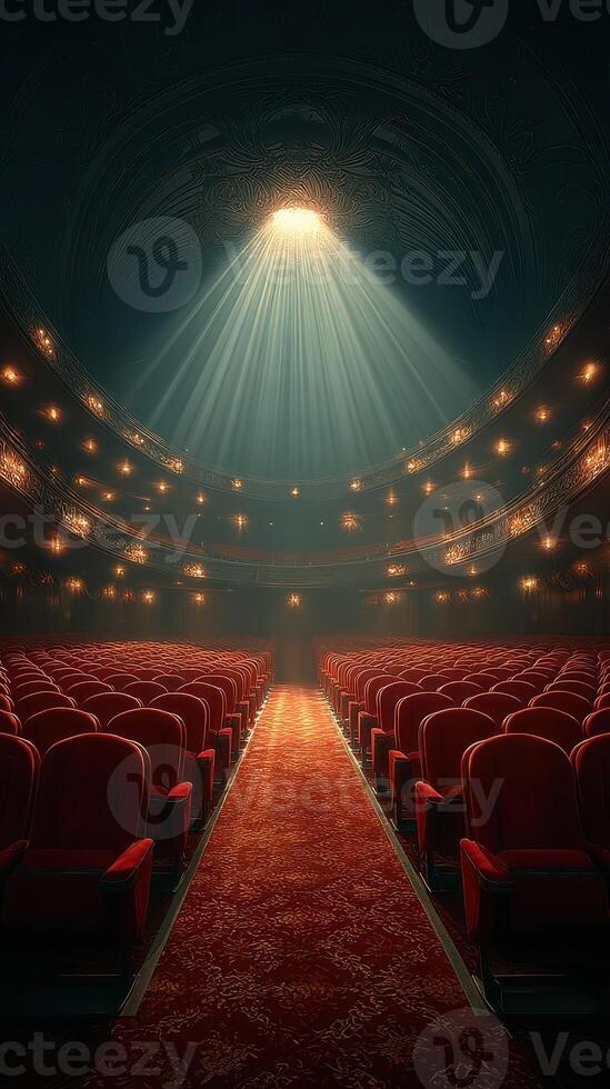 Enchanting interior of an elegant theater with vibrant red seating and dramatic lighting, evoking anticipation for a grand performance photo
