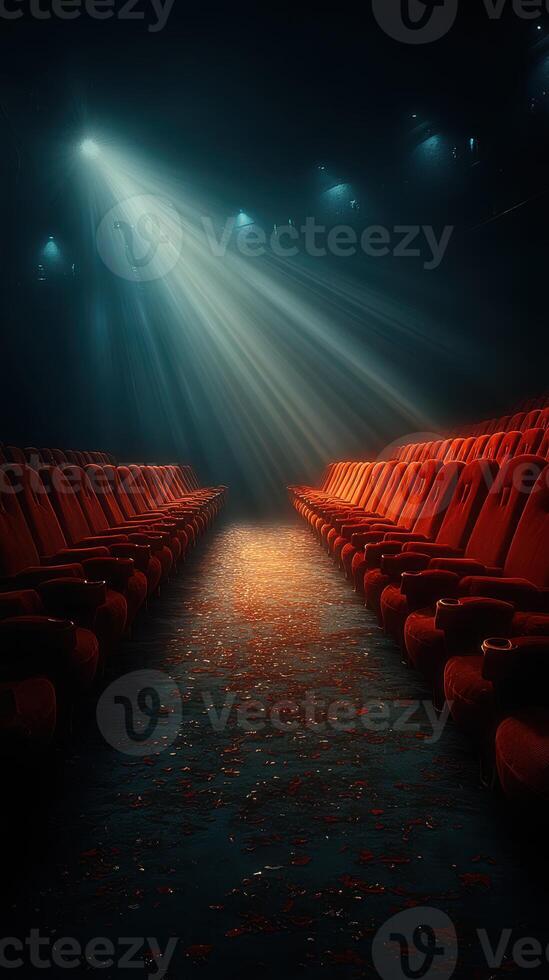 Empty theater with red seats illuminated by a single beam of light during a quiet evening photo