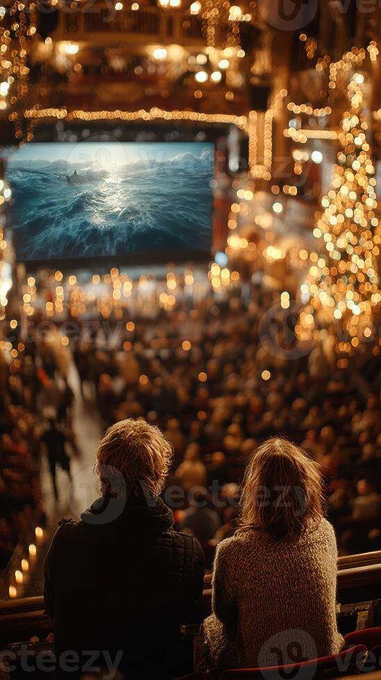 Couple watching a film at a cozy indoor theater decorated for the holidays photo