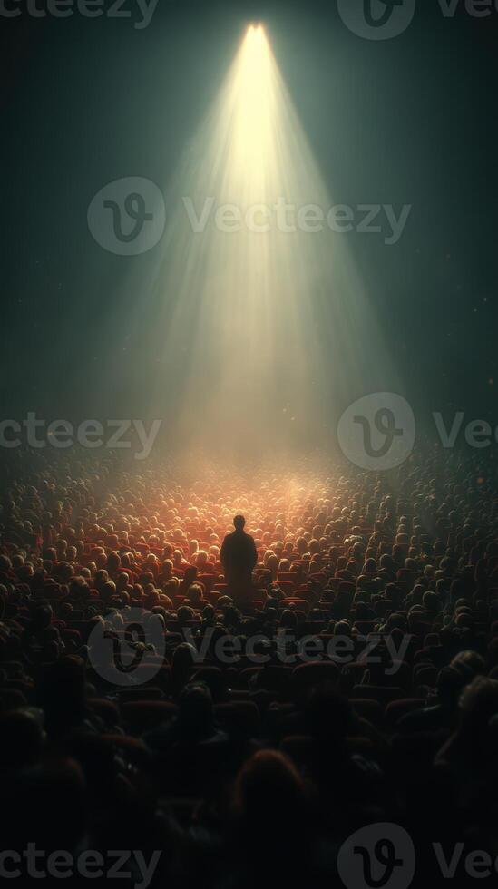 Crowd gathered in anticipation while a spotlight illuminates a lone figure on stage during an evening performance photo