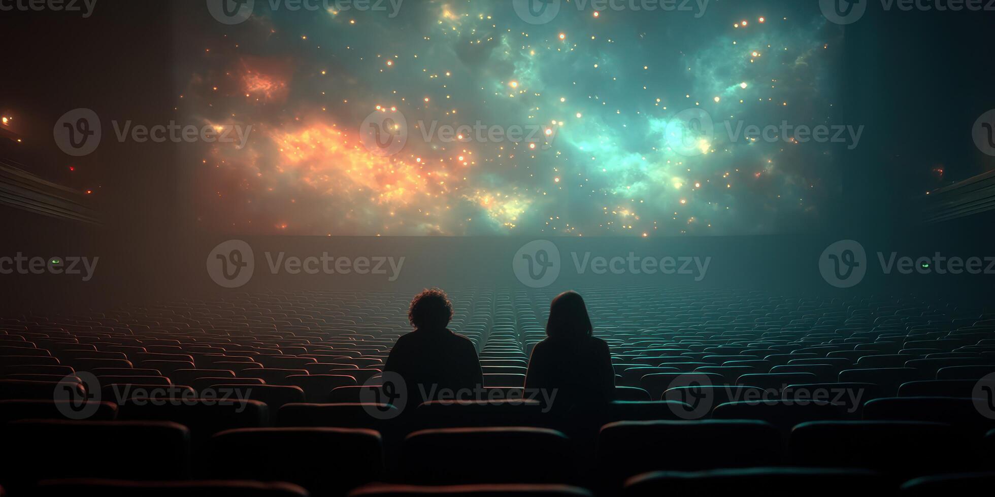 Couple enjoys a cosmic movie experience in an empty theater during a quiet evening photo