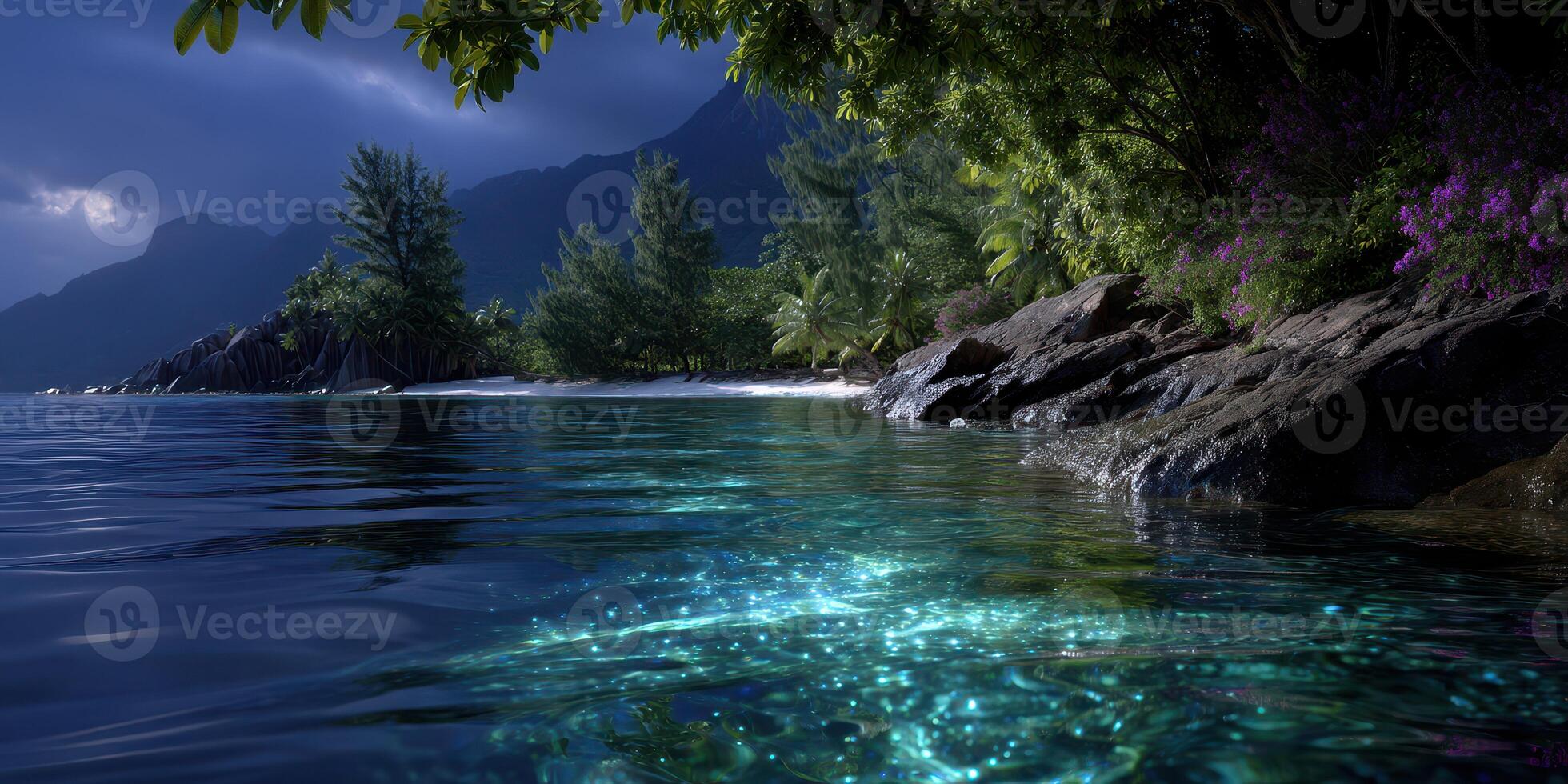 Scenic tropical coastline with crystal clear water and lush greenery under dramatic sky at dusk photo