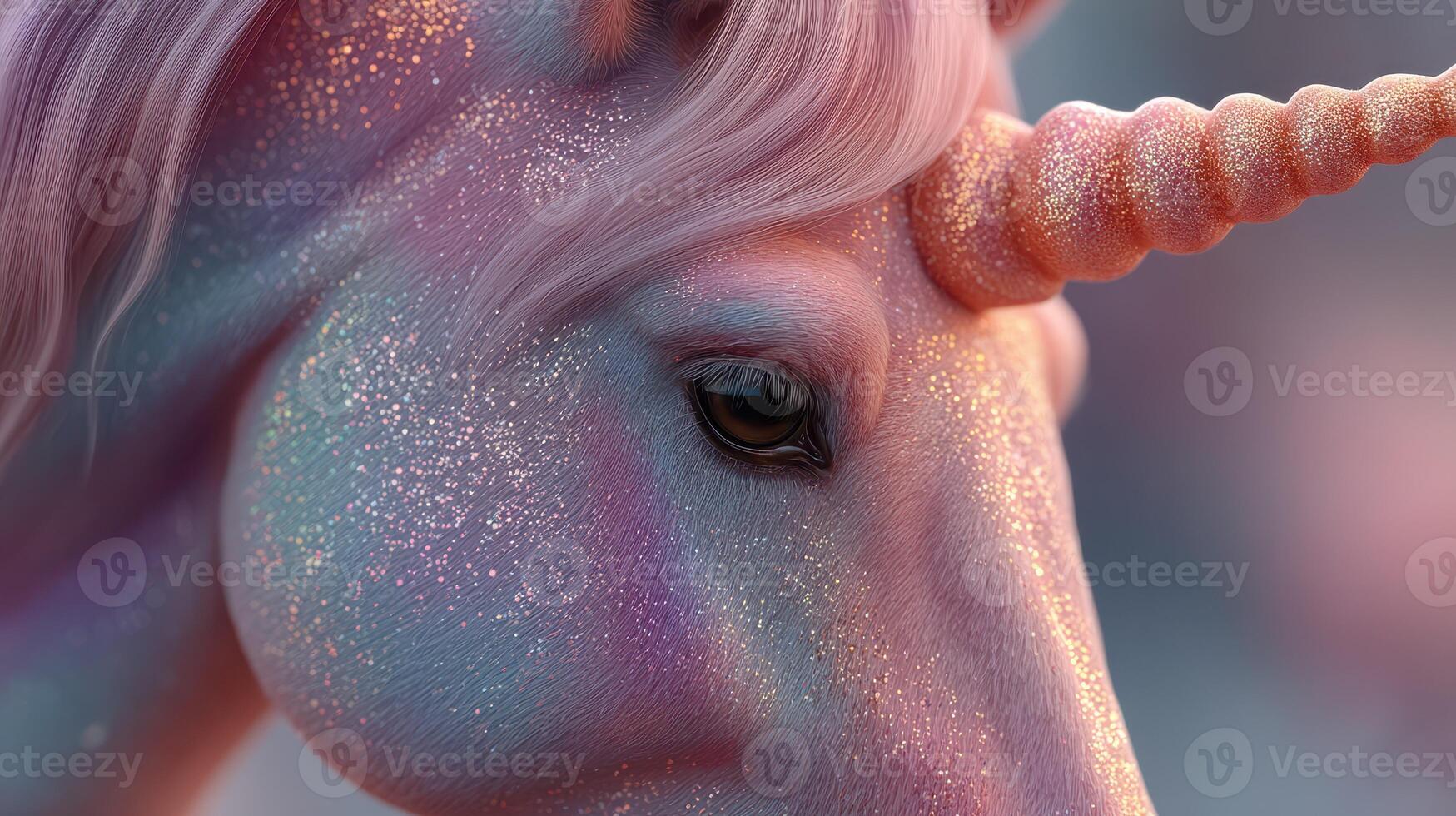 Magical unicorn with sparkling mane and horn in a fantasy landscape at sunset photo