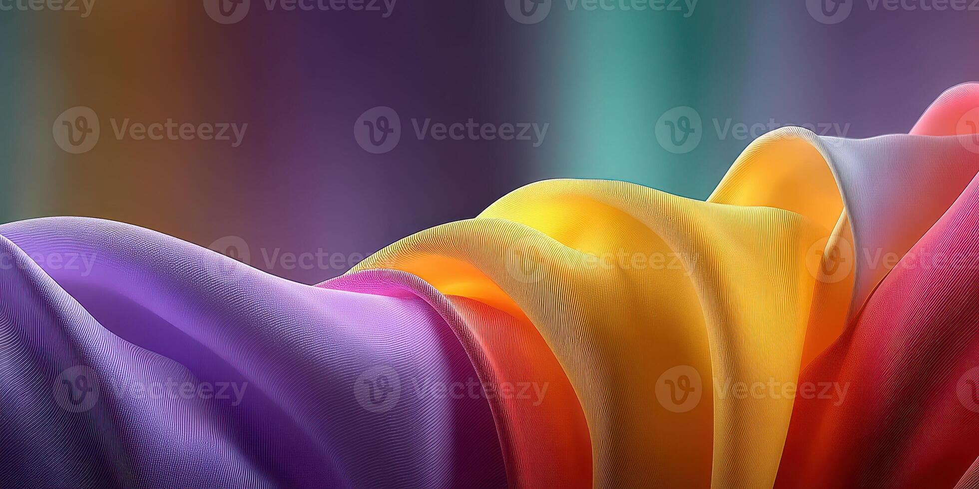 Colorful silk fabric waves flowing together creating a vibrant abstract display in a soft, blended lighting environment photo