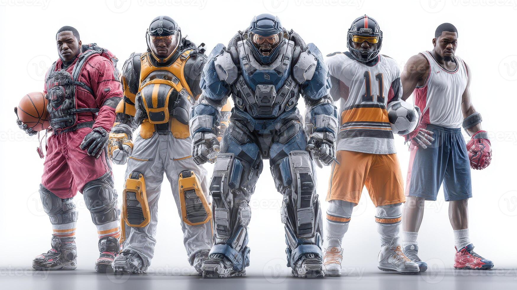 Five futuristic athletes showcase their unique sports gear in a dramatic lineup photo