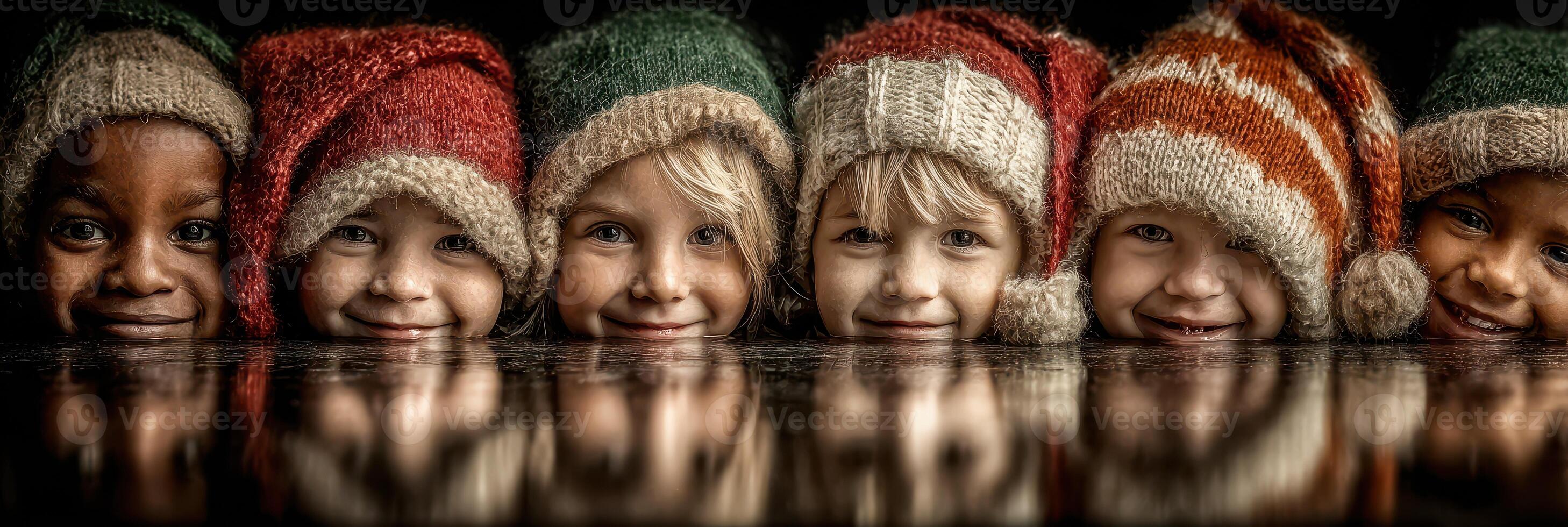Smiling children in colorful hats gather together during winter celebration at a cozy indoor setting photo