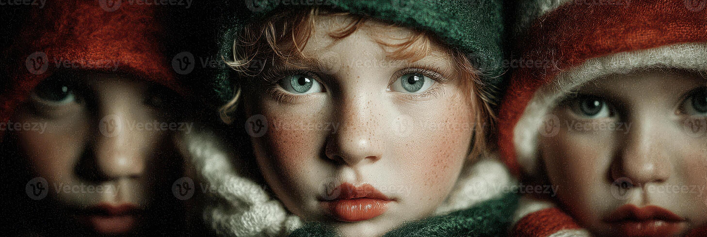 Young children in colorful winter hats displaying strong emotions in a close-up portrait during a chilly evening outdoors photo