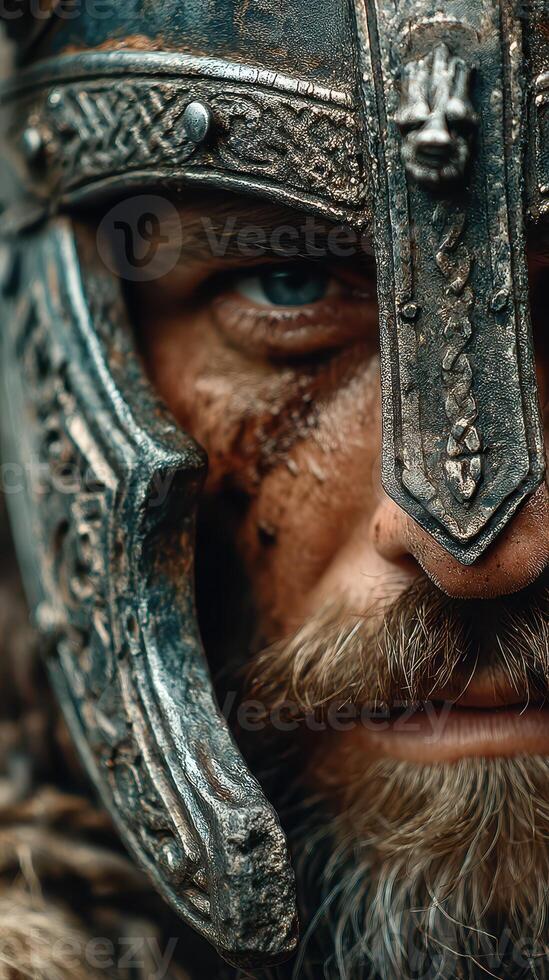 Warrior in a detailed metal helmet showcasing fierce expression and battle-scarred visage with deep lore of ancient times photo