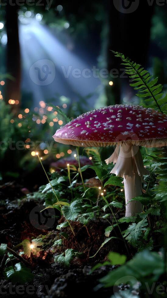 Colorful mushroom surrounded by ferns and glowing lights in a serene forest during twilight photo