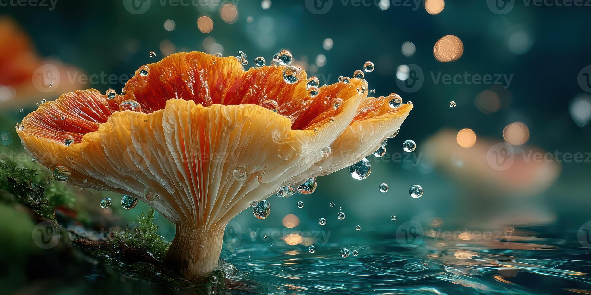 Mushroom surrounded by water droplets with a vibrant orange cap in a serene aquatic environment photo