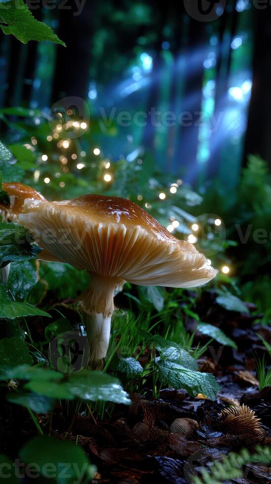 Mushroom surrounded by greenery in a forest with soft light filtering through trees at dusk photo
