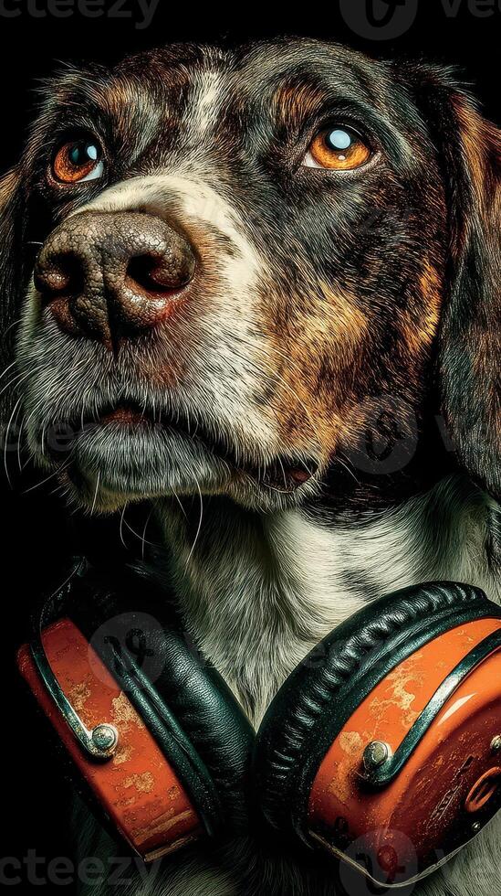 Dog wearing headphones looks attentively with striking eyes and unique expression in a creative studio setup photo