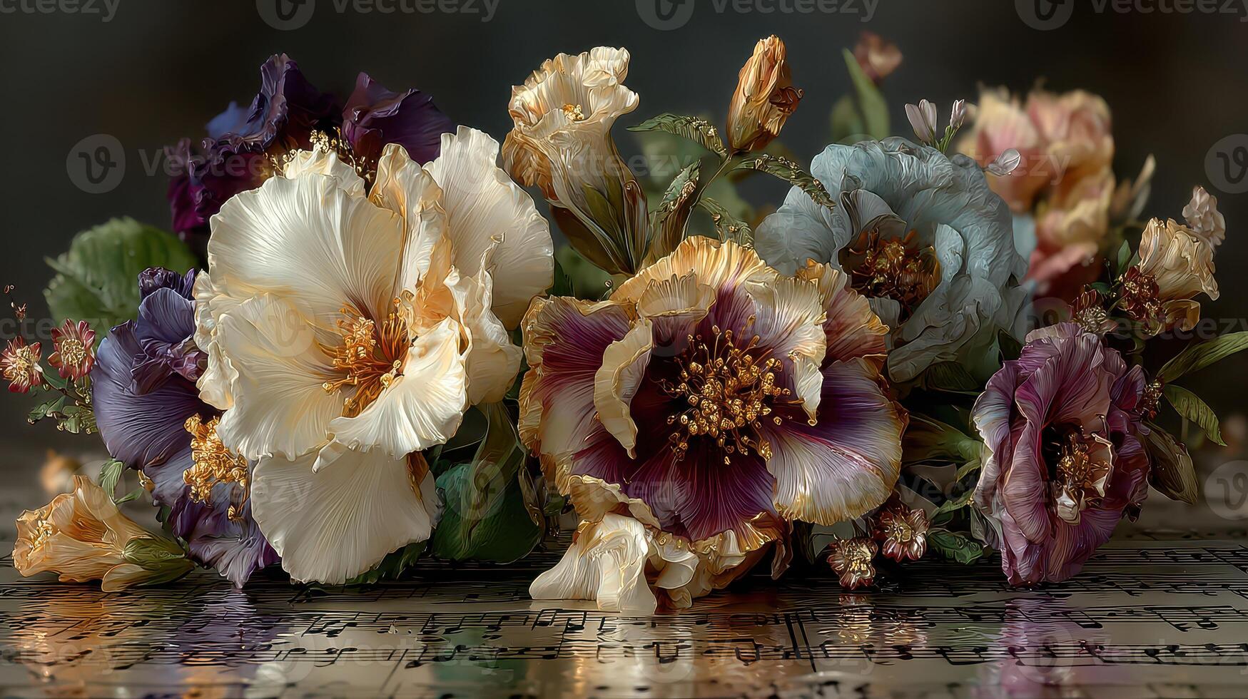 Beautiful arrangement of dried flowers on vintage musical score creates an artistic composition of nature and melody photo