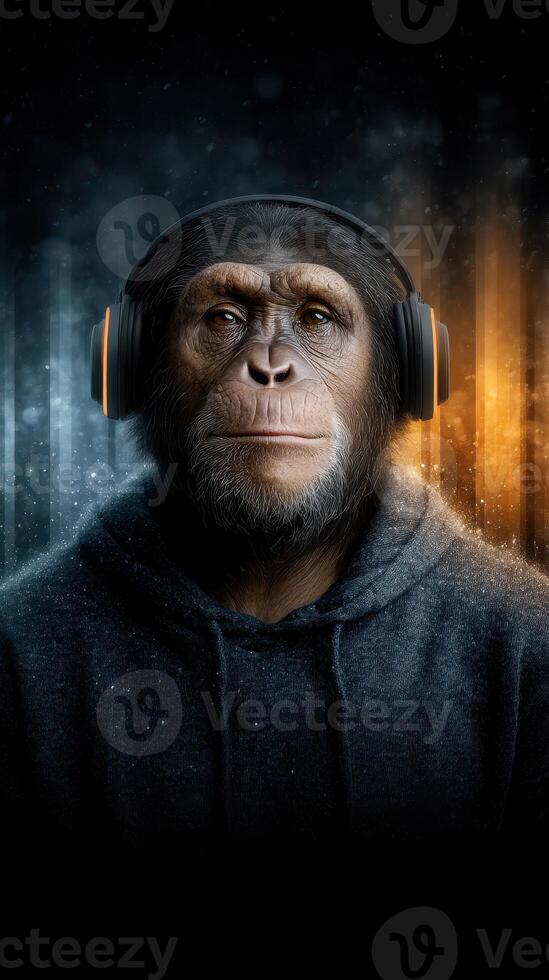 Unique monkey character in hoodie wearing headphones against a dramatic background of blue and orange lights photo