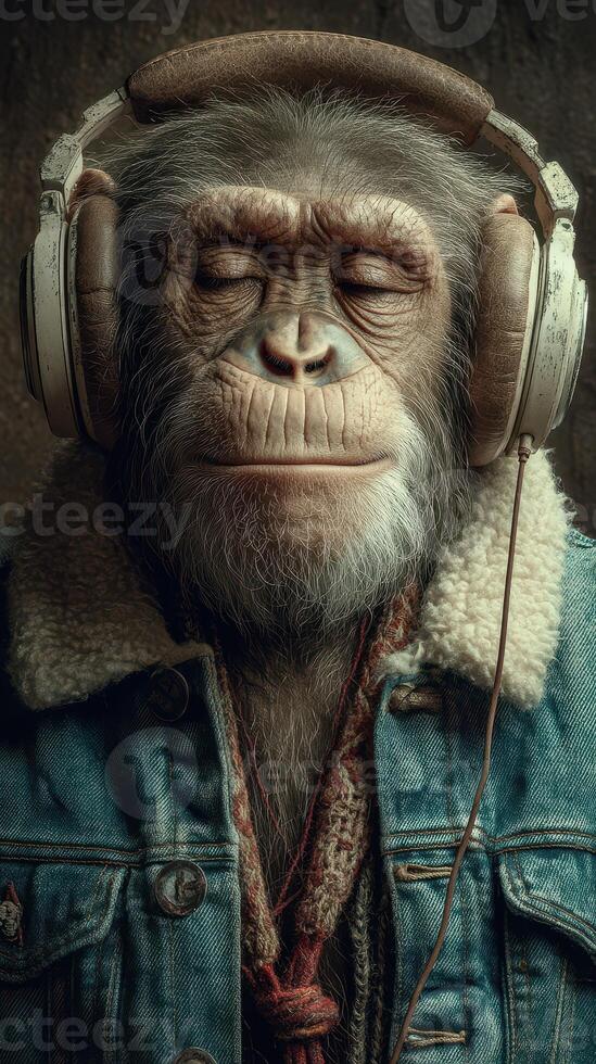 Monkey with headphones enjoying music in a cozy indoor setting during the evening hours photo