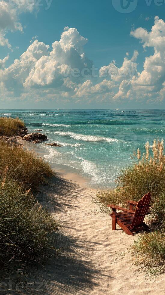 Relaxation spot by the tranquil beach with gentle waves and soft sands on a sunny day photo