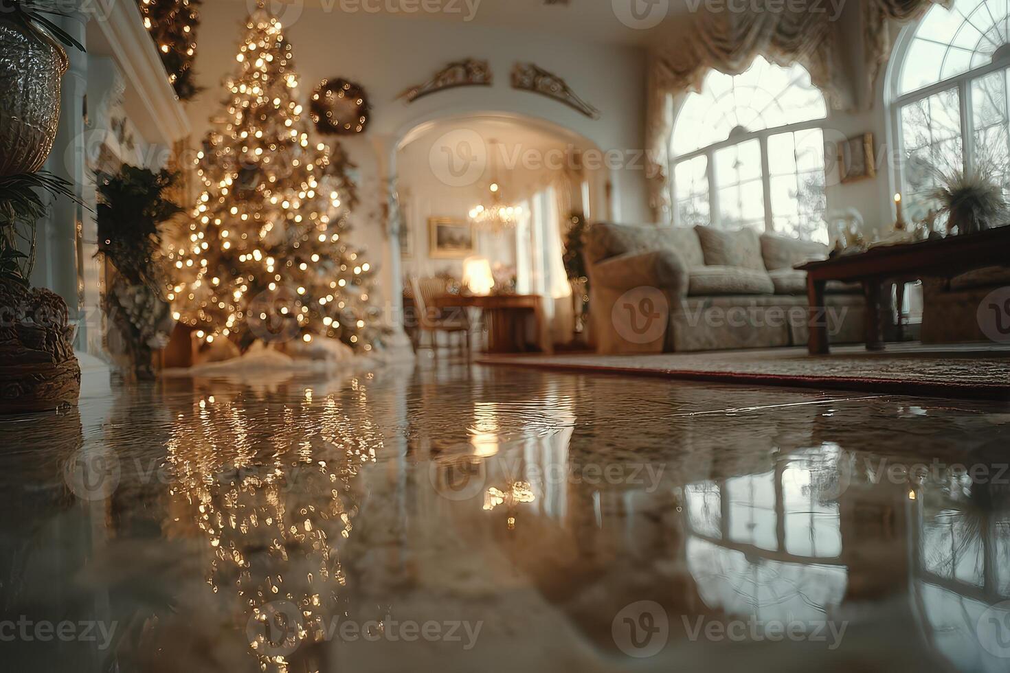 Cozy living room decorated for the holidays with a glowing Christmas tree and elegant furniture by the window photo