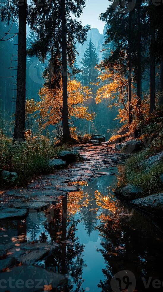 Golden autumn leaves reflect in a tranquil stream surrounded by tall trees in a serene forest setting at dusk photo