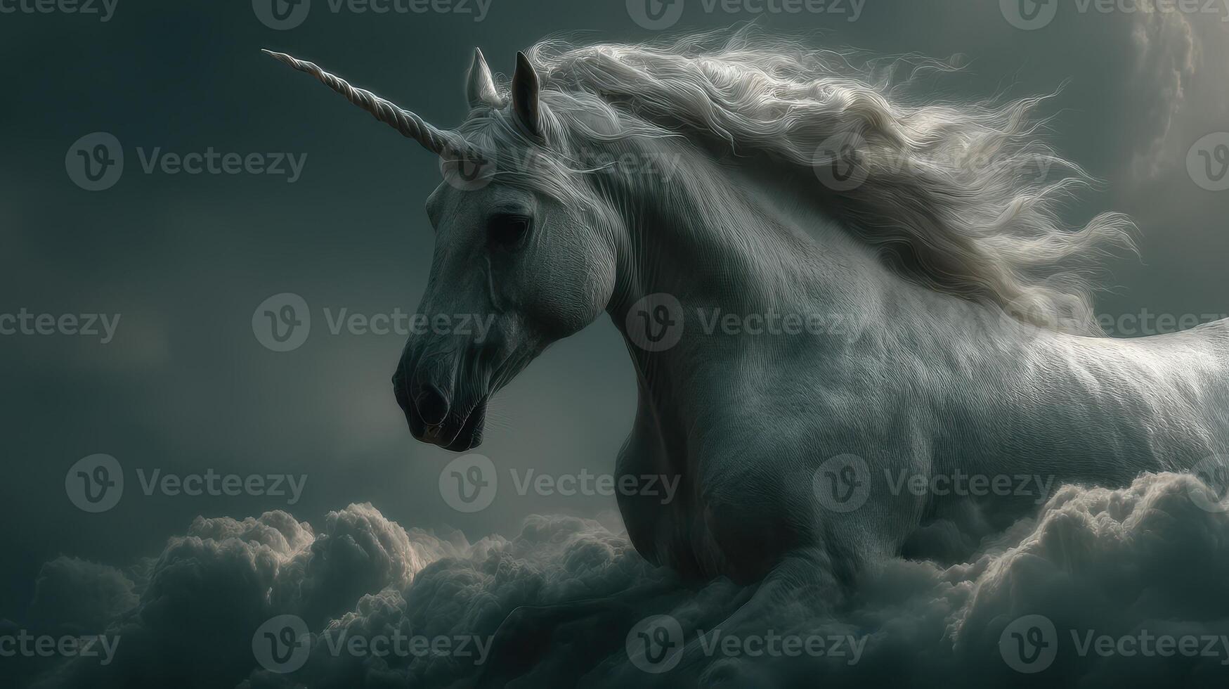 Majestic unicorn standing on clouds under a dramatic sky at twilight with swirling mist and ethereal lighting photo