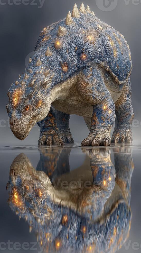 Giant armored creature with glowing features stands on reflective surface in a mystical setting photo