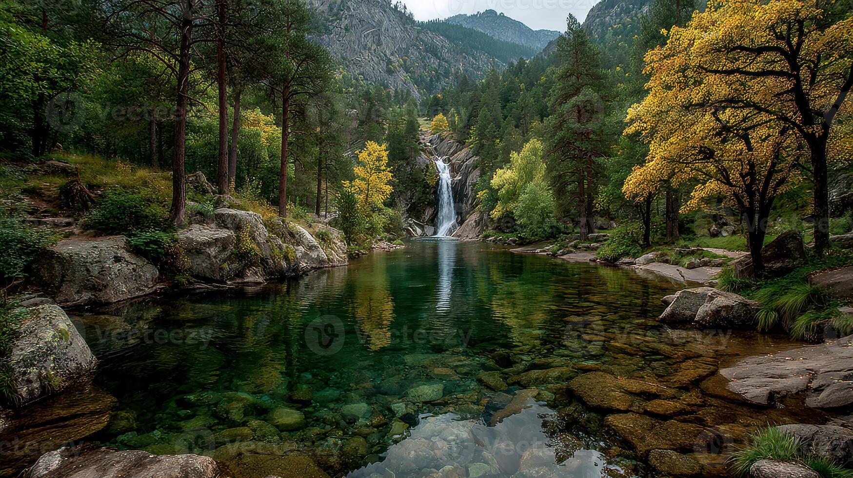 Waterfall cascading into a serene lake surrounded by autumn trees in a mountainous landscape during daytime photo