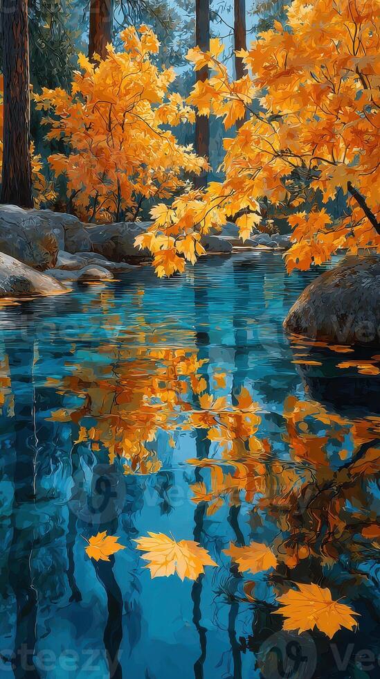 Autumn foliage reflects in serene water, creating a vibrant nature landscape in a tranquil forest setting photo