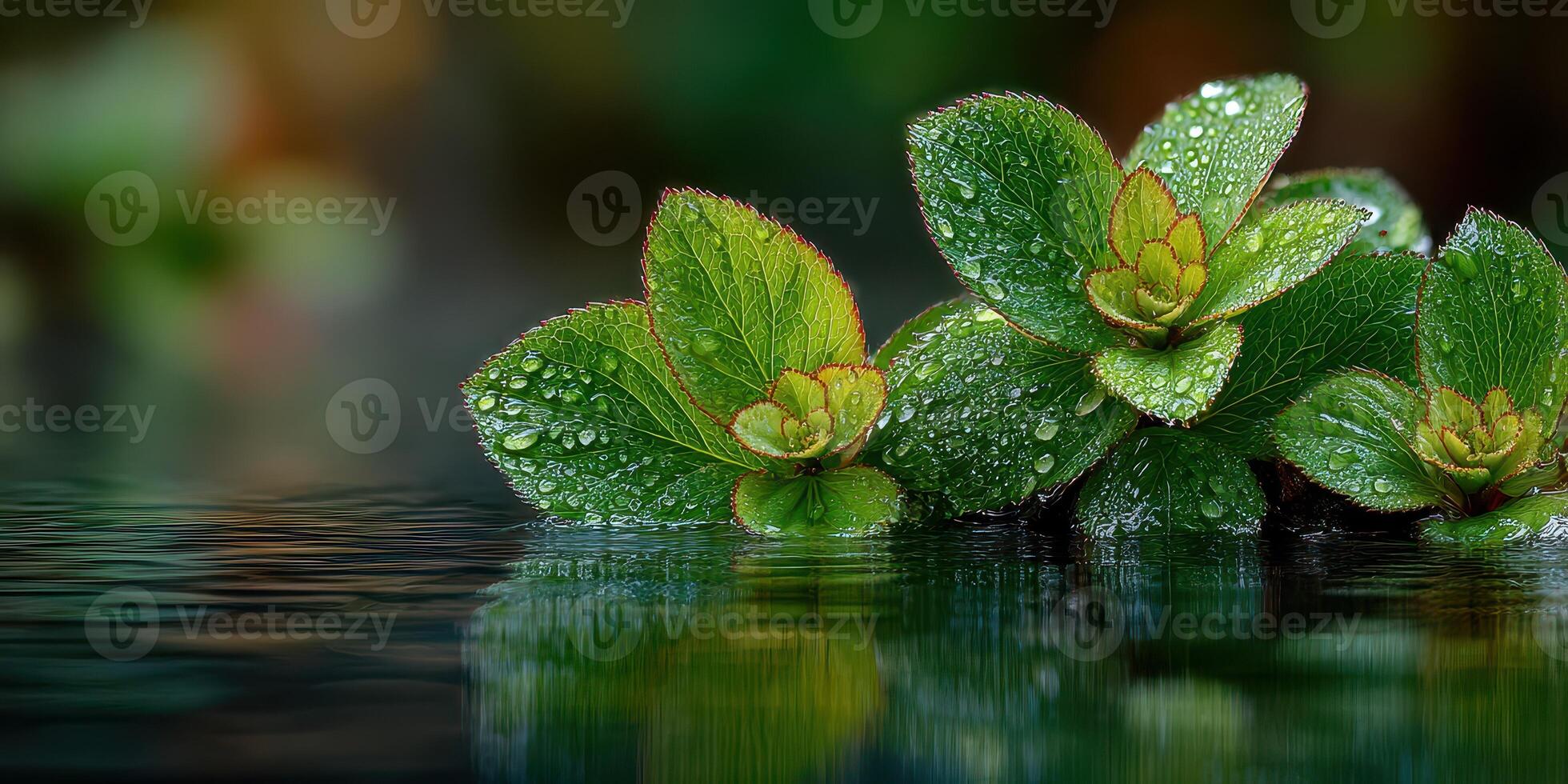 Green leaves with water droplets glisten on the surface of calm water in a serene garden setting photo