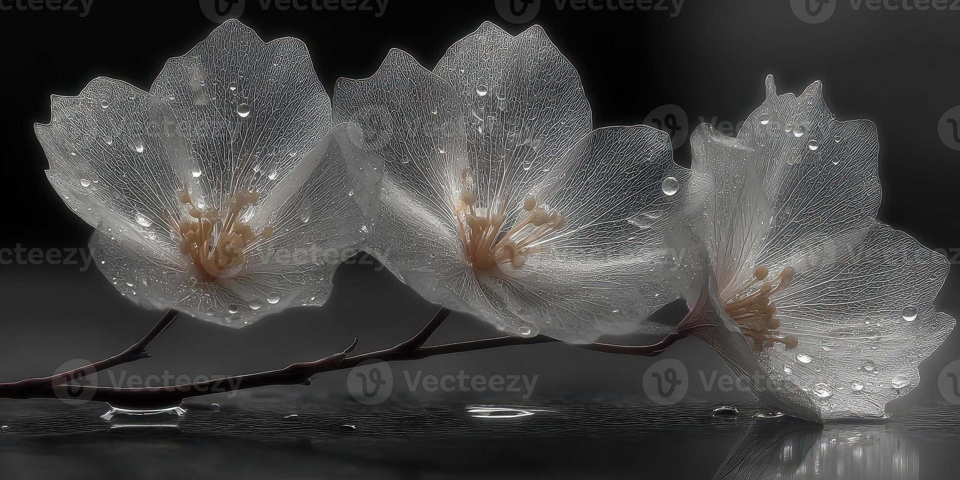 Delicate white flowers with raindrops resting on a dark surface creating an elegant contrast photo