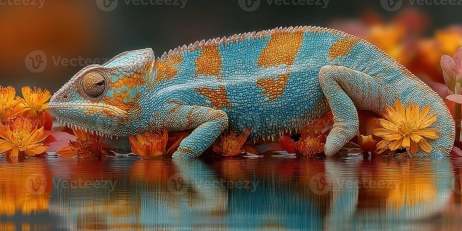 Colorful lizard resting among vibrant flowers in a tranquil pond during sunset photo