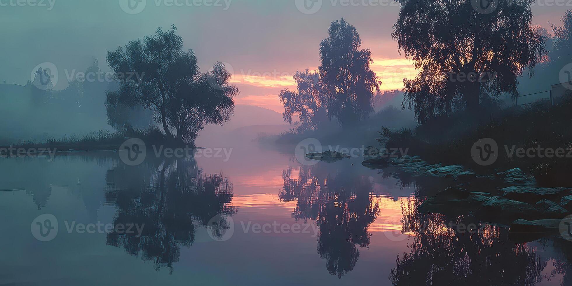 Serene morning fog over calm water with reflections at dawn in a tranquil landscape photo