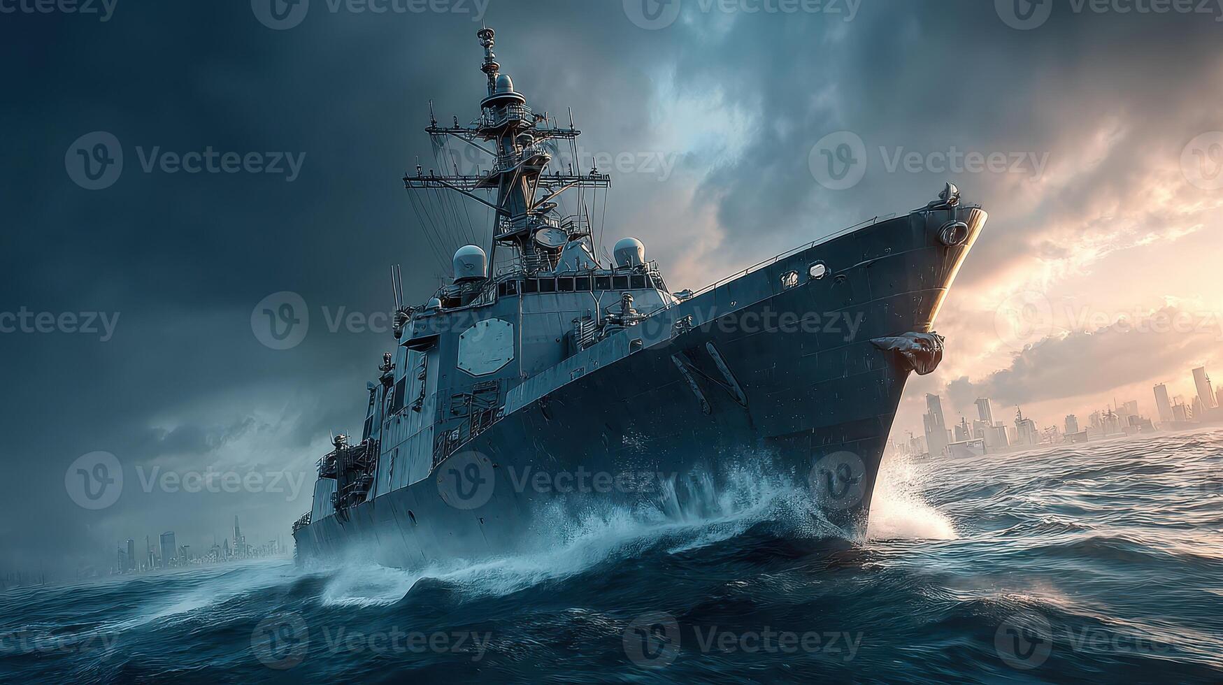 Battleship navigates stormy seas during twilight hours with a city skyline in the background photo