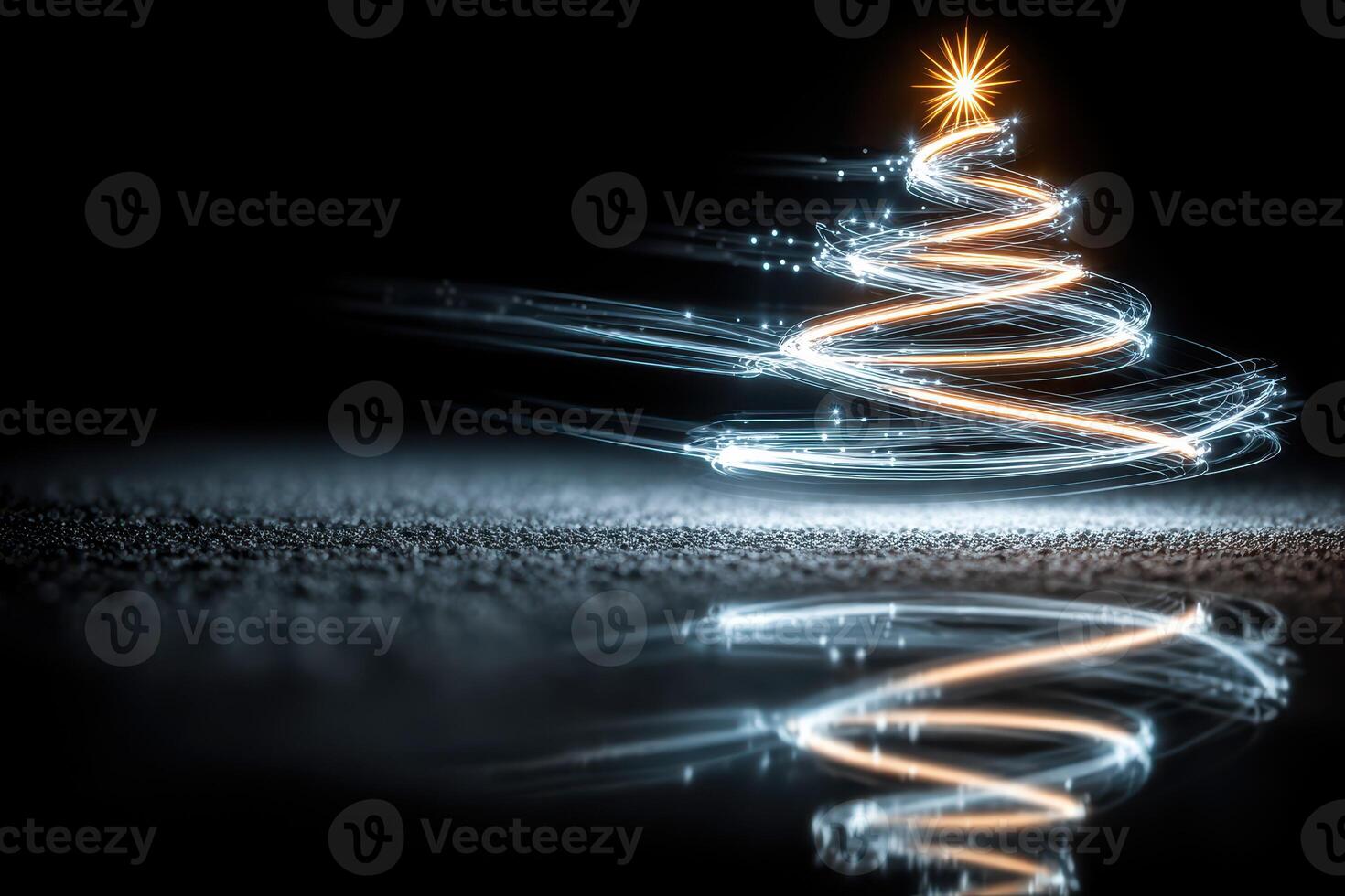 Decorative Christmas tree created with light trails reflecting on a dark surface during the holiday season photo