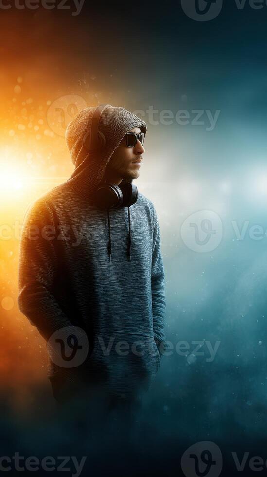 Young man in hoodie and sunglasses stands confidently against a vibrant background of orange and blue photo