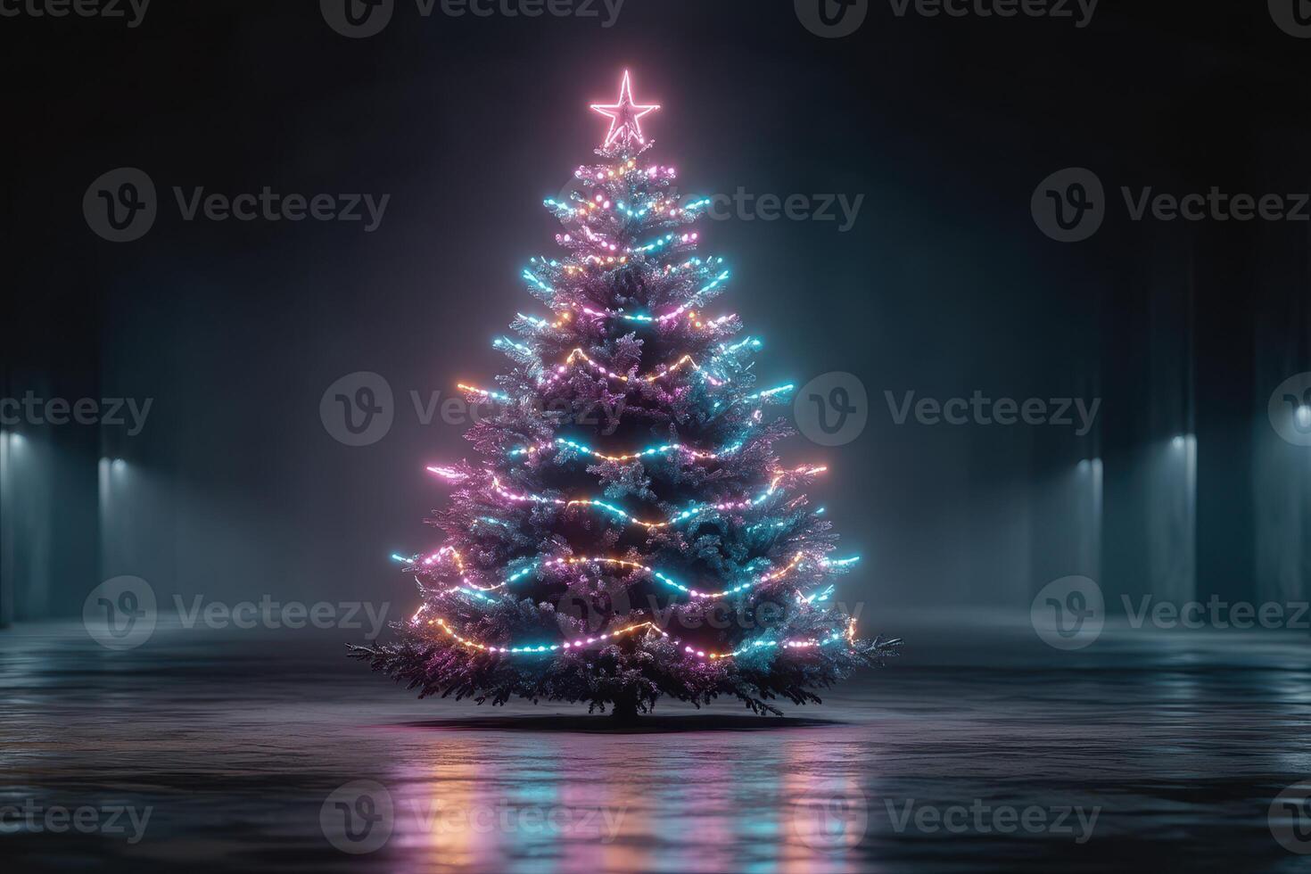 Brightly lit Christmas tree decorated with colorful lights in a darkened hall photo