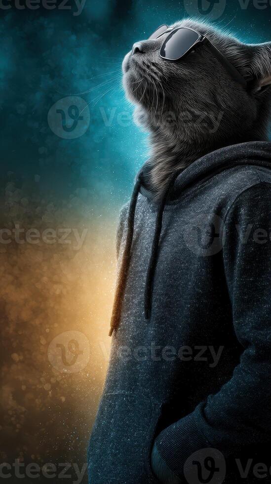 Cool cat in a hoodie and sunglasses strikes a confident pose against a gradient background at an abstract location photo