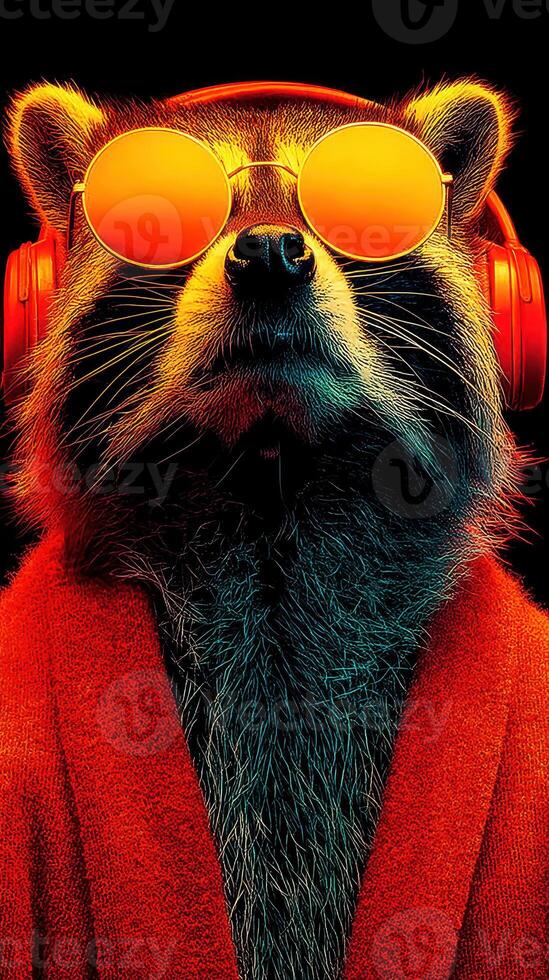 Cool raccoon wearing sunglasses and headphones in a vibrant setting with colorful lighting and a cozy robe photo
