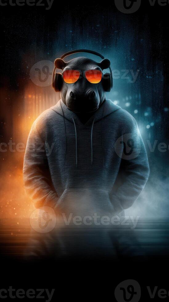 Hippo wearing headphones in a hoodie stands against a dramatic blue and orange background, immersed in music during nighttime photo