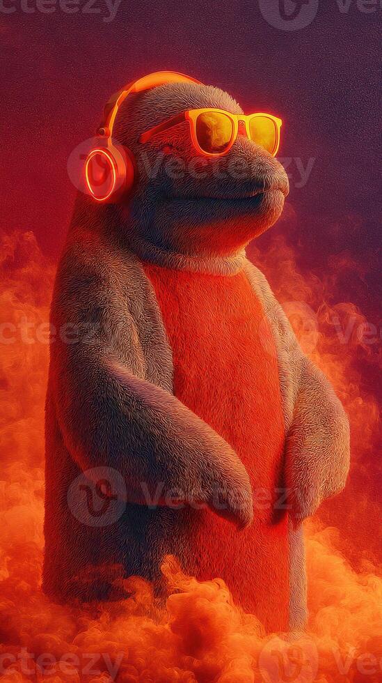 Colorful creature wearing sunglasses and headphones stands confidently in a vibrant, smoky environment during a party night photo