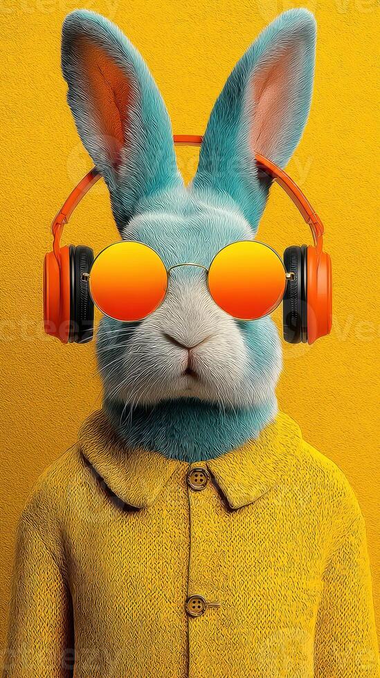 Rabbit in stylish headphones and sunglasses against a vibrant yellow background exudes a playful and trendy vibe photo