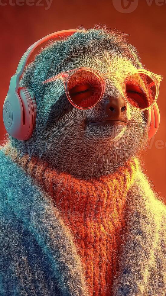 Sloth in headphones enjoying music while wearing stylish sunglasses and a cozy sweater at sunset photo