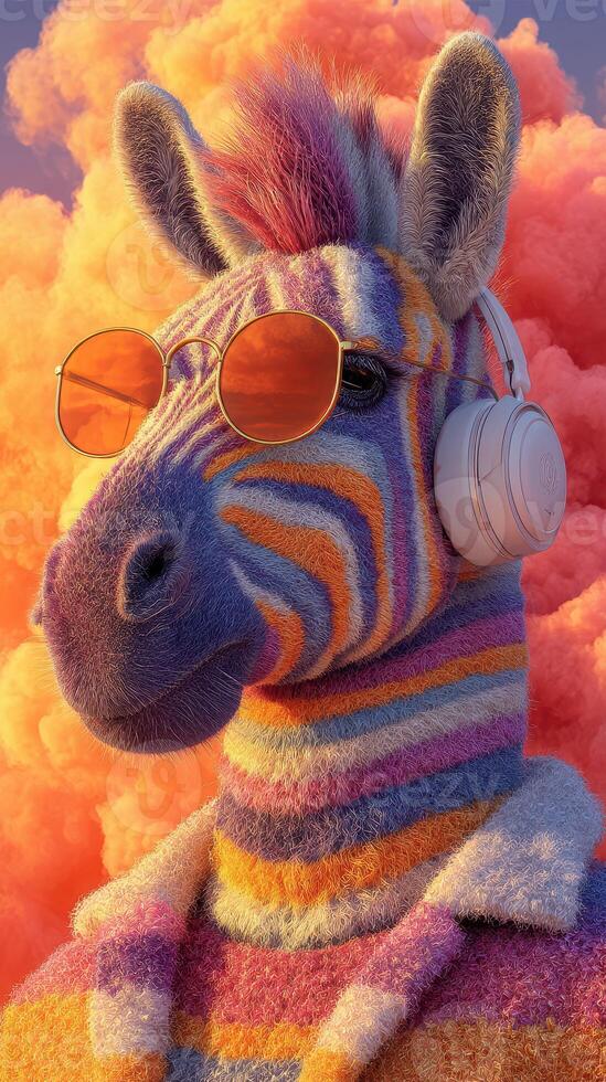 Colorful zebra wearing sunglasses and headphones in vibrant cloud background at sunset photo