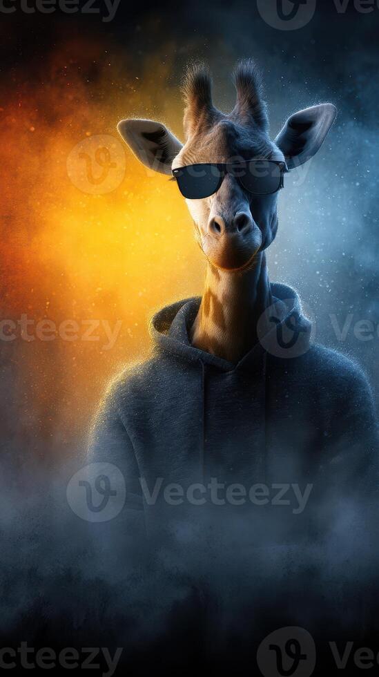 Giraffe wearing sunglasses and a hoodie standing confidently against an artistic orange and blue background photo