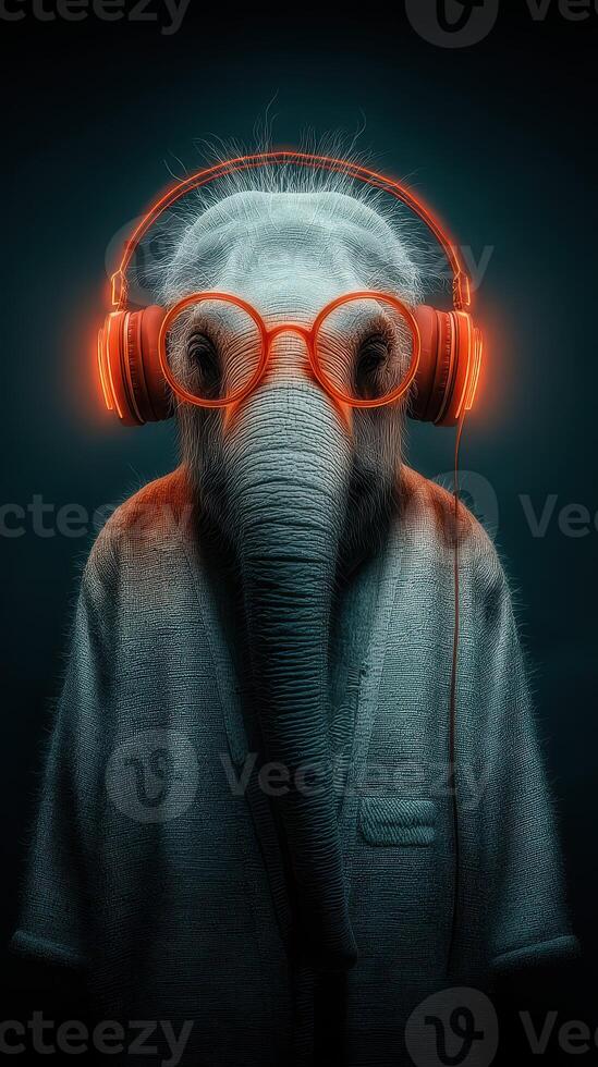 Elephant wearing headphones and glasses with a glowing effect shows a unique blend of nature and modern technology at night photo