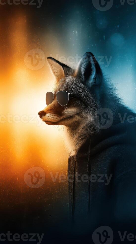 Cool fox character wearing sunglasses and a hoodie against a colorful backdrop photo