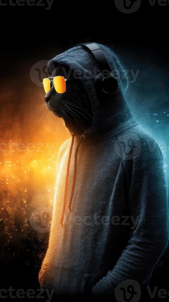 Black cat wearing sunglasses and headphones in a stylish hoodie against a dramatic colorful backdrop photo